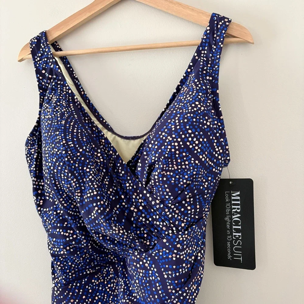 Miraclesuit One Piece Oceanus 20W Plum Multi Blue Abstract Ruched Slimming Swim